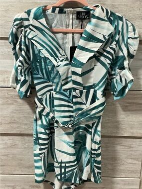 The Moon Teal Palm-Print Short Jumpsuit with Tie Waist